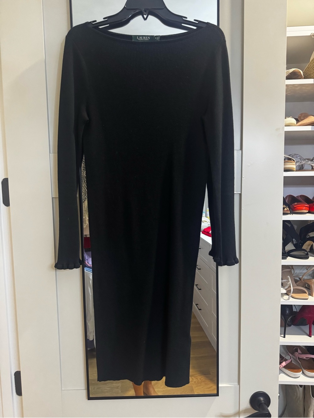 Lauren Ralph Lauren Black Long Sleeve Ribbed Midi Dress